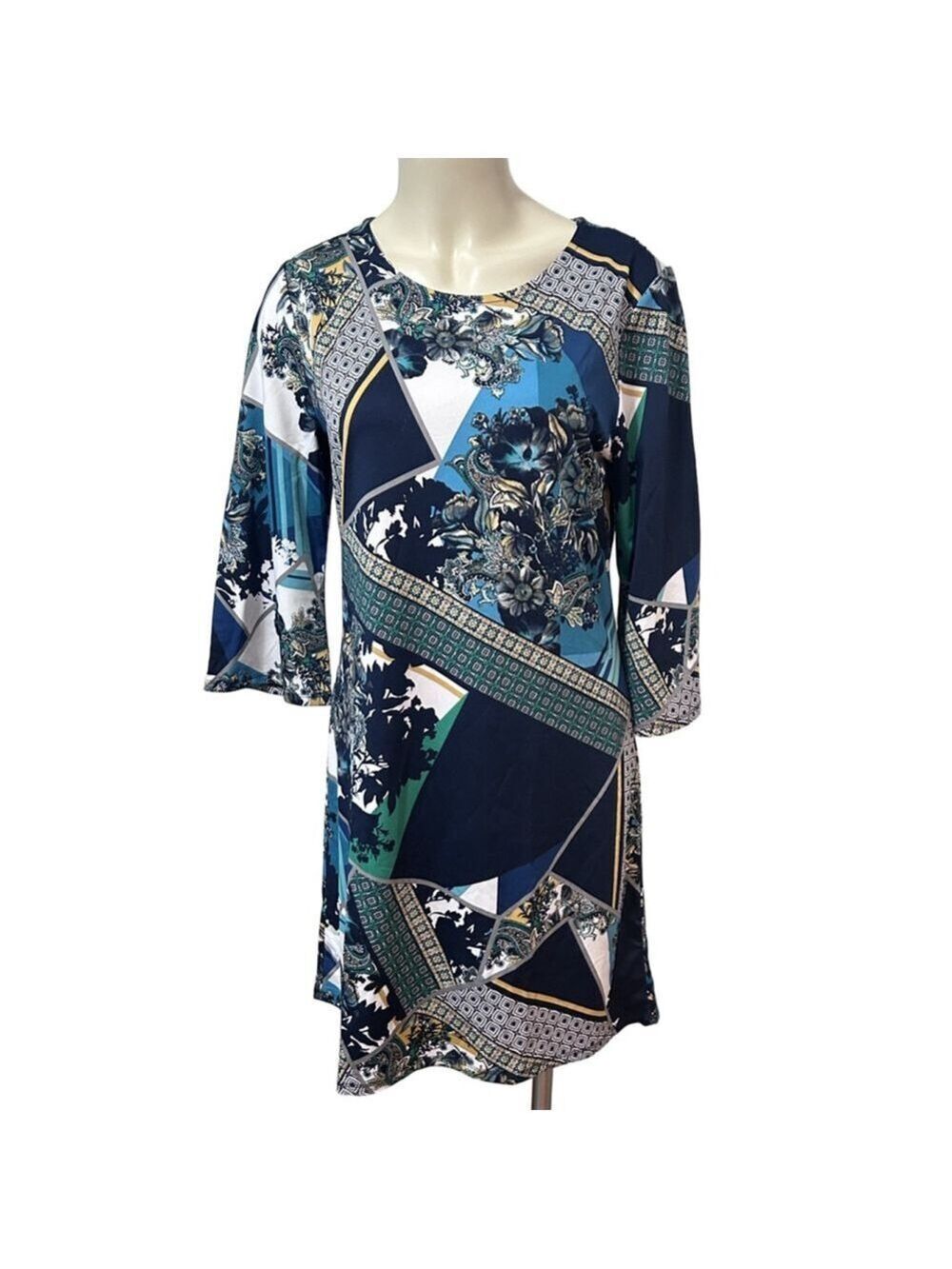 Tacera Patchwork Floral Dress Women’s M Blue Green Gold 3/4 Sleeve
